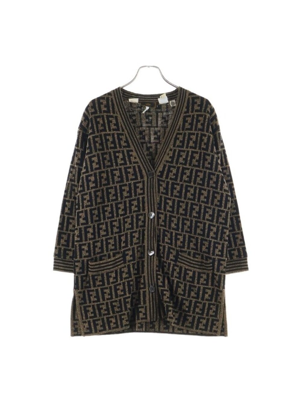Fendi Vintage FF Wool Cardigan Zucca Pattern Knit Brown Black